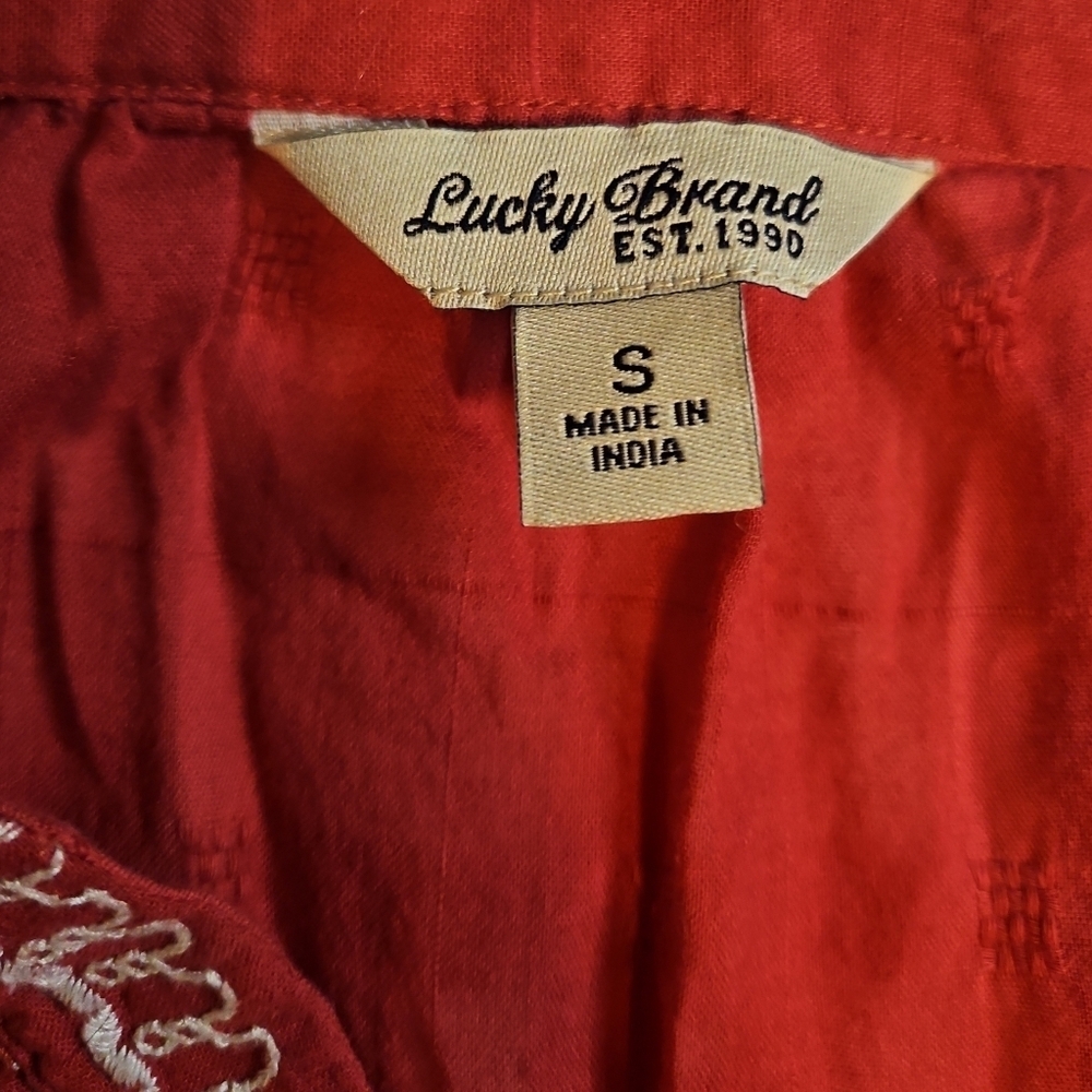 Lucky Brand Red Embroidered Cotton Boho Top | Size Small | Festival Peasant - Picture 2 of 5